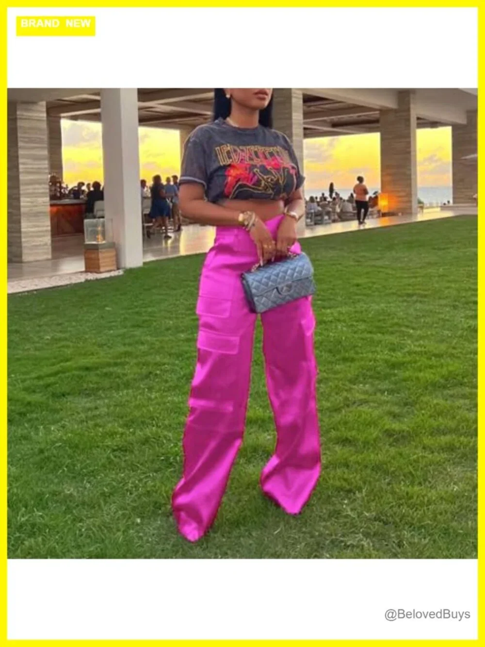 Satin Cargo Pants High Waist Multiple Pockets Wide Leg Trouser